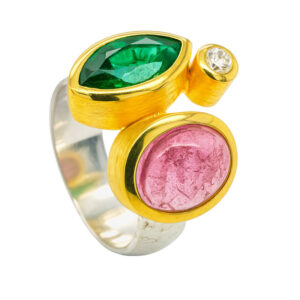 Silberring "Loreta" mit pinkem Turmalin, Quarz und Moissanite Stein,